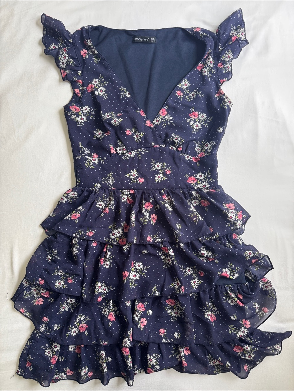 Atmosphere | Navy Floral Ruffle Tiered Dress | Size 4